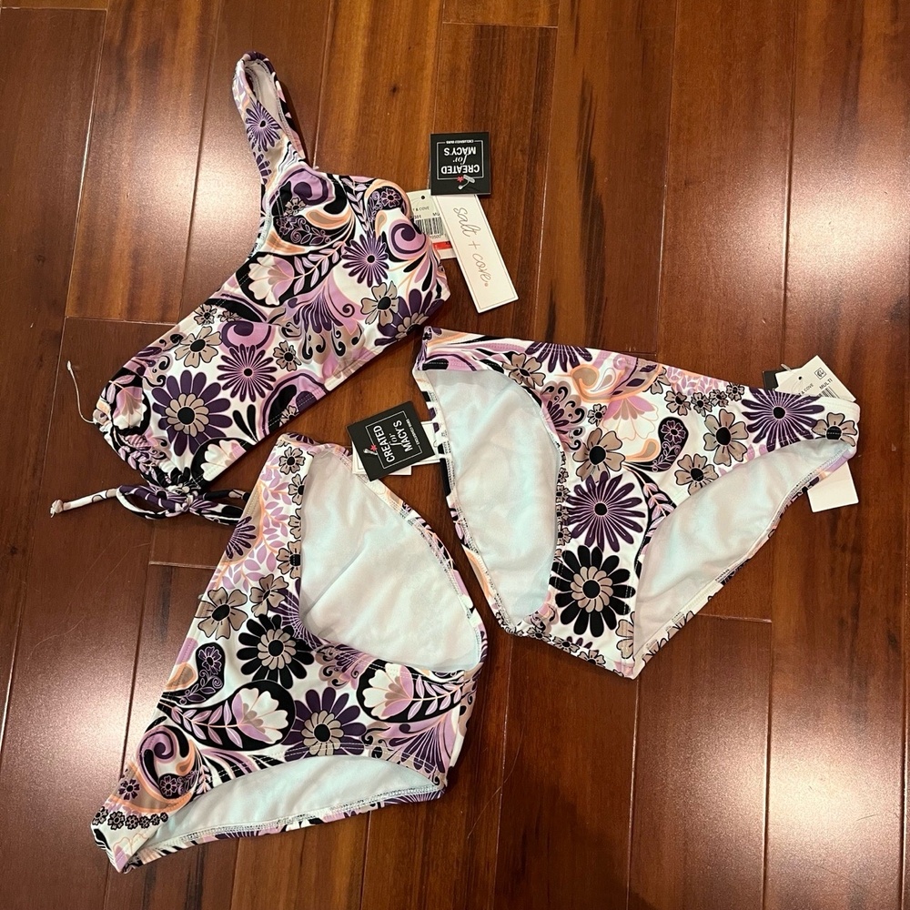 New NWT Salt Cove Purple Bikini‎ Set Three Piece One Shoulder Swim Paisley Sz XS